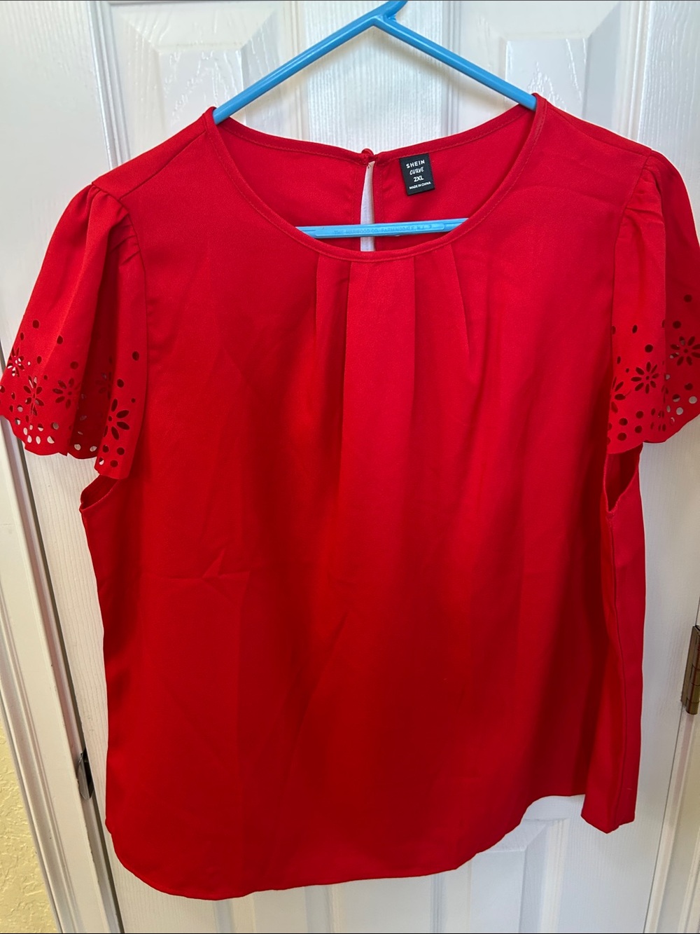SHEIN Red Laser-Cut Flutter Sleeve Blouse